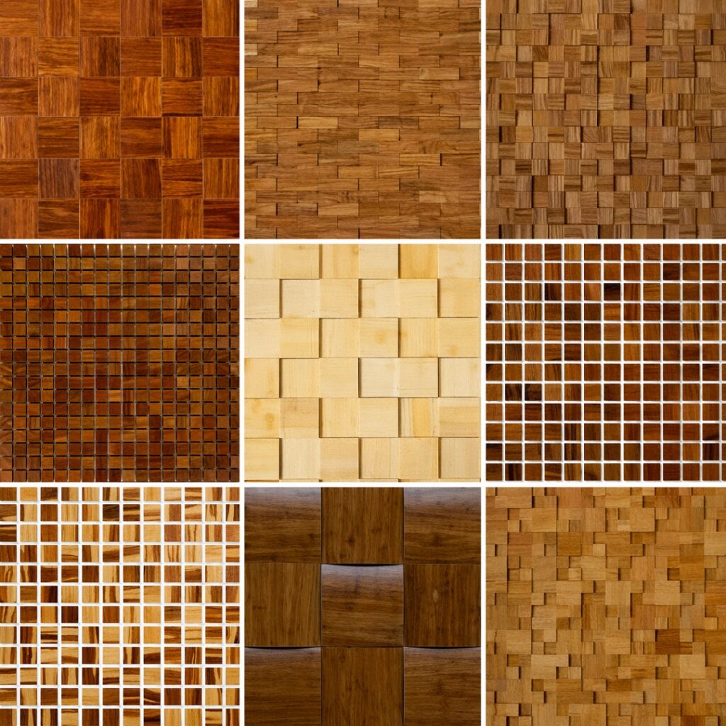 Diferentes modelos de mosaico em pastilhas de madeira com variadas texturas e padrões geométricos