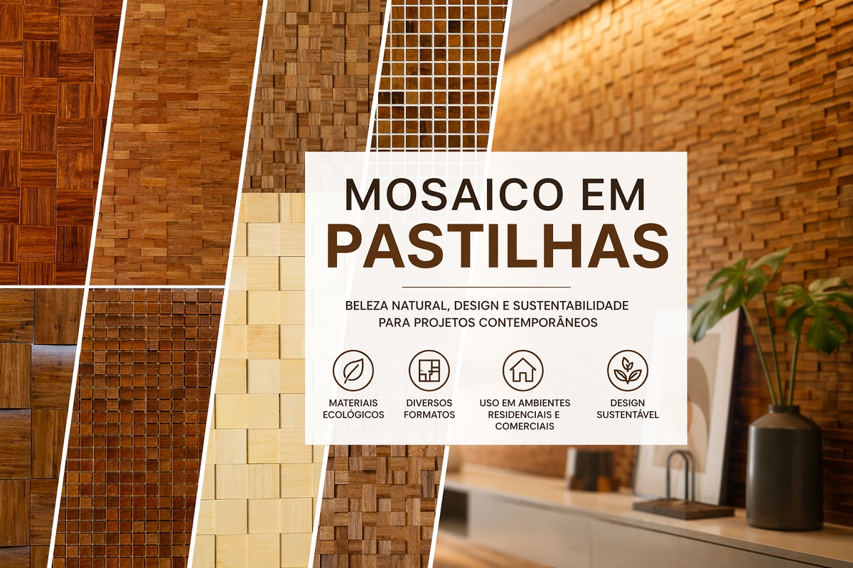 Mosaico em pastilhas de madeira com diferentes padrões e texturas para revestimento ecológico em projetos de interiores